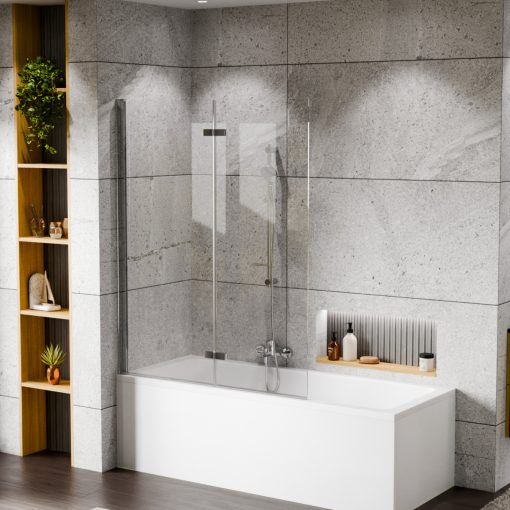 HD Axel Chrome 120x150 összecsukható 2 szárnyú kádparaván 6 mm vastag vízlepergető biztonsági üveggel, krómozott elemekkel