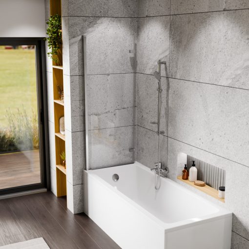 HD Axel Chrome 120x150 összecsukható 2 szárnyú kádparaván 6 mm vastag vízlepergető biztonsági üveggel, krómozott elemekkel