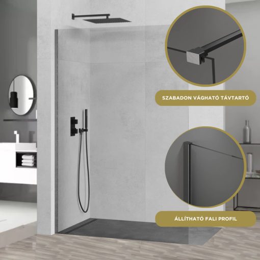 HD Arlo Gun Grey Walk-In zuhanyfal 8 mm vastag vízlepergető biztonsági üveggel, 200 cm magas, szürke profillal és távtartóval