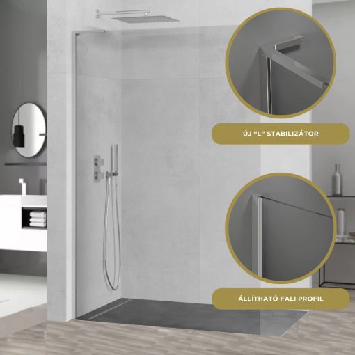 HD Arlo "L" Walk-In zuhanyfal, 100x200 cm, 8 mm vastag vízlepergető biztonsági üveggel, 200 cm magas, króm profillal és "L" stabilizátorral
