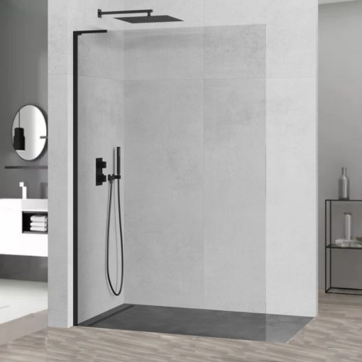 HD Arlo "L" Black Walk-In zuhanyfal, 100x200 cm, 8 mm vastag vízlepergető biztonsági üveggel, 200 cm magas, fekete profillal és "L" stabilizátorral