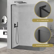 HD Arlo "L" Black Walk-In zuhanyfal, 100x200 cm, 8 mm vastag vízlepergető biztonsági üveggel, 200 cm magas, fekete profillal és "L" stabilizátorral