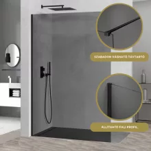 HD Arlo Dark Black Walk-In zuhanyfal 8 mm vastag vízlepergető biztonsági üveggel, 200 cm magas, fekete profillal és távtartóval