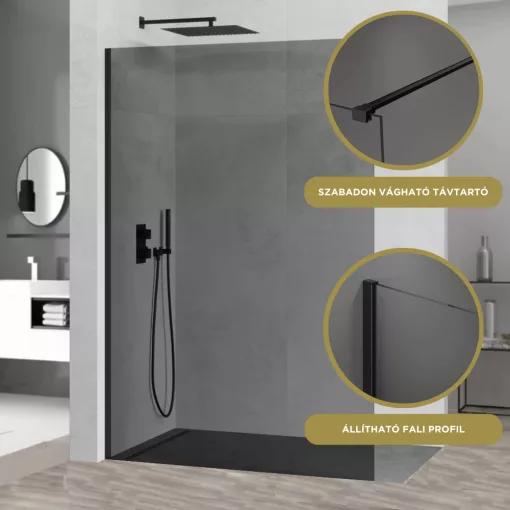 HD Arlo Dark Black Walk-In zuhanyfal 8 mm vastag vízlepergető biztonsági üveggel, 200 cm magas, fekete profillal és távtartóval