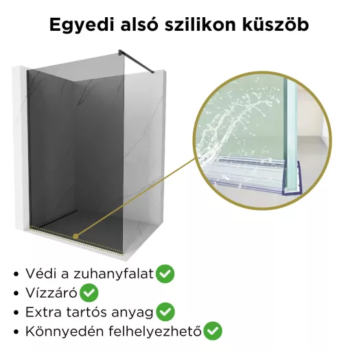 HD Arlo Dark Black Walk-In zuhanyfal 8 mm vastag vízlepergető biztonsági üveggel, 200 cm magas, fekete profillal és távtartóval