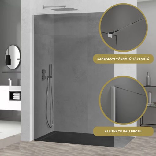 HD Arlo Dark Walk-In zuhanyfal, 140x200 cm, 8 mm vastag vízlepergető biztonsági üveggel, 200 cm magas, króm profillal és távtartóval
