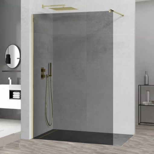 HD Arlo Dark Gold Walk-In zuhanyfal, 90x200 cm, 8 mm vastag vízlepergető biztonsági üveggel, 200 cm magas, arany profillal és távtartóval