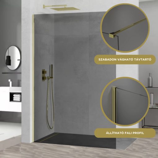 HD Arlo Dark Gold Walk-In zuhanyfal, 90x200 cm, 8 mm vastag vízlepergető biztonsági üveggel, 200 cm magas, arany profillal és távtartóval