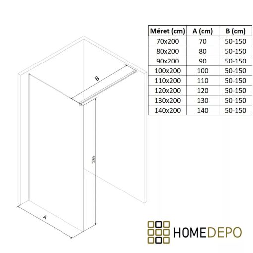 HD Arlo Dark Gold Walk-In zuhanyfal, 100x200 cm, 8 mm vastag vízlepergető biztonsági üveggel, 200 cm magas, arany profillal és távtartóval