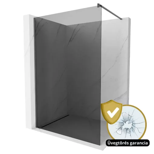 HD Arlo Dark Gun Grey Walk-In zuhanyfal 8 mm vastag vízlepergető biztonsági üveggel, 200 cm magas, szürke profillal és távtartóval
