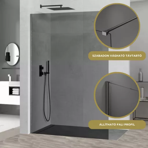 HD Arlo Dark Gun Grey Walk-In zuhanyfal 8 mm vastag vízlepergető biztonsági üveggel, 200 cm magas, szürke profillal és távtartóval