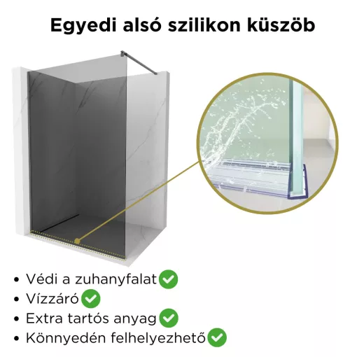 HD Arlo Dark Gun Grey Walk-In zuhanyfal 8 mm vastag vízlepergető biztonsági üveggel, 200 cm magas, szürke profillal és távtartóval