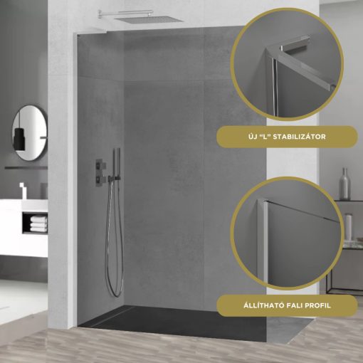 HD Arlo "L" Dark Walk-In zuhanyfal 8 mm vastag vízlepergető biztonsági üveggel, 200 cm magas, króm profillal és "L" stabilizátorral