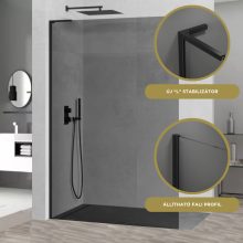 HD Arlo "L" Dark Black Walk-In zuhanyfal, 100x200 cm, 8 mm vastag vízlepergető biztonsági üveggel, 200 cm magas, fekete profillal és "L" stabilizátorral