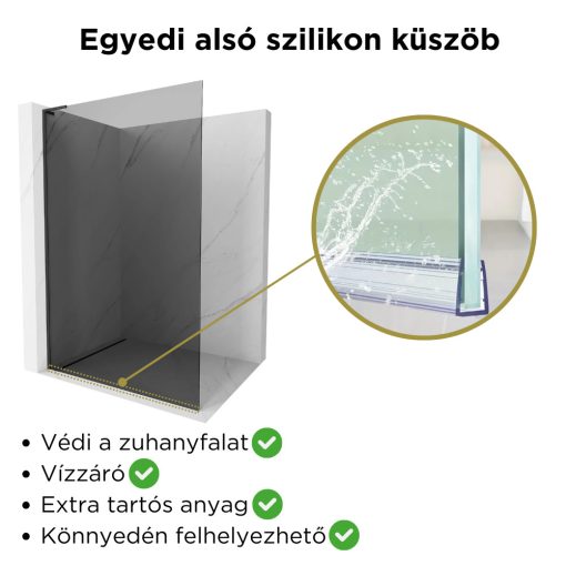 HD Arlo "L" Dark Black Walk-In zuhanyfal, 100x200 cm, 8 mm vastag vízlepergető biztonsági üveggel, 200 cm magas, fekete profillal és "L" stabilizátorral