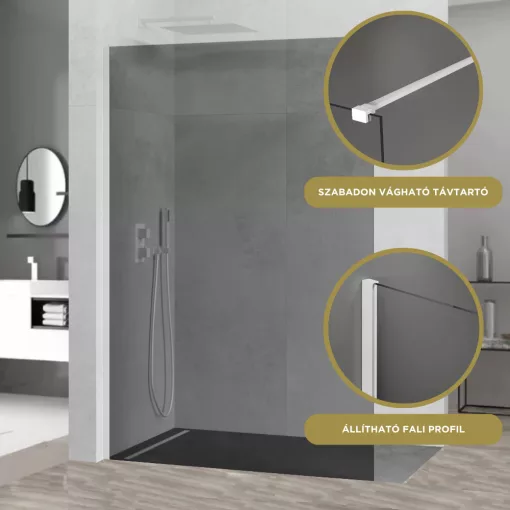 HD Arlo Dark White Walk-In zuhanyfal 8 mm vastag vízlepergető biztonsági üveggel, 200 cm magas, fehér profillal és távtartóval