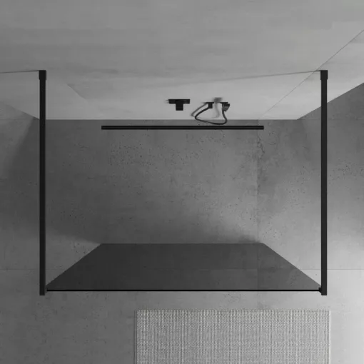 HD Arlo Dark Light Black szabadonálló Walk-In zuhanyfal 8 mm vastag vízlepergető biztonsági üveggel, 200 cm magas, két távtartóval