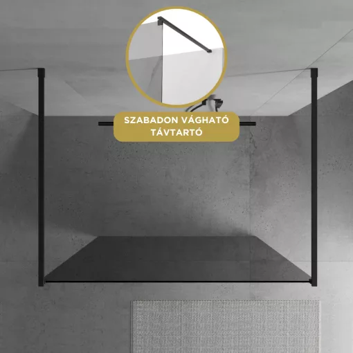 HD Arlo Dark Light Black szabadonálló Walk-In zuhanyfal 8 mm vastag vízlepergető biztonsági üveggel, 200 cm magas, két távtartóval