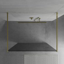 HD Arlo Dark Light Gold szabadonálló Walk-In zuhanyfal, 140x200 cm, 8 mm vastag vízlepergető biztonsági üveggel, 200 cm magas, két arany távtartóval