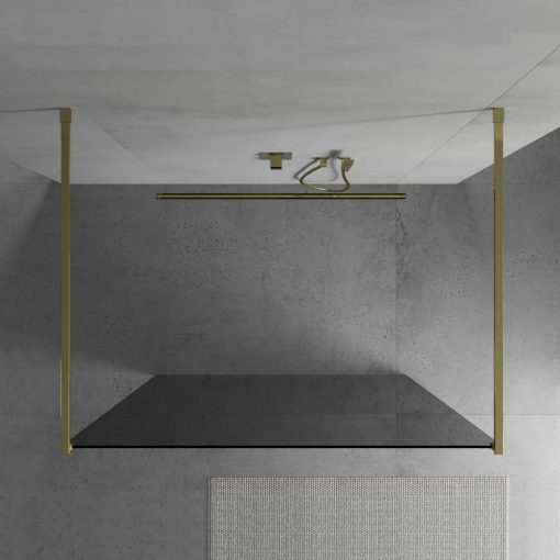 HD Arlo Dark Light Gold szabadonálló Walk-In zuhanyfal, 140x200 cm, 8 mm vastag vízlepergető biztonsági üveggel, 200 cm magas, két arany távtartóval