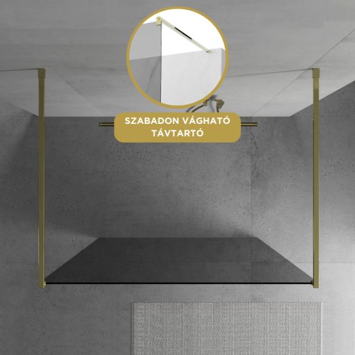 HD Arlo Dark Light Gold szabadonálló Walk-In zuhanyfal, 140x200 cm, 8 mm vastag vízlepergető biztonsági üveggel, 200 cm magas, két arany távtartóval