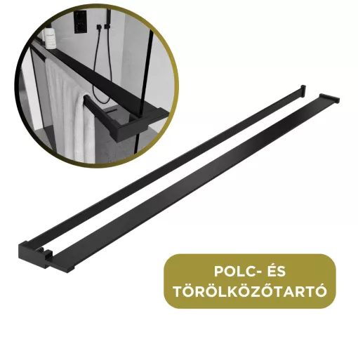 HD Arlo+ Dark Black Walk-In zuhanyfal 8 mm vastag vízlepergető biztonsági üveggel, 200 cm magas, fekete profillal és távtartóval