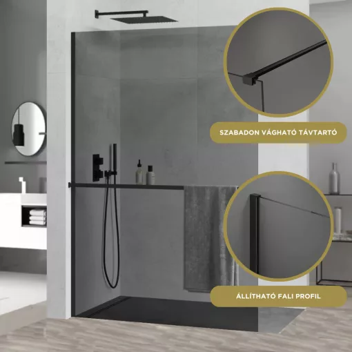 HD Arlo+ Dark Black Walk-In zuhanyfal 8 mm vastag vízlepergető biztonsági üveggel, 200 cm magas, fekete profillal és távtartóval