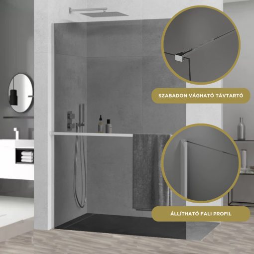 HD Arlo+ Dark Walk-In zuhanyfal, 90x200 cm, 8 mm vastag vízlepergető biztonsági üveggel, 200 cm magas, króm profillal és távtartóval