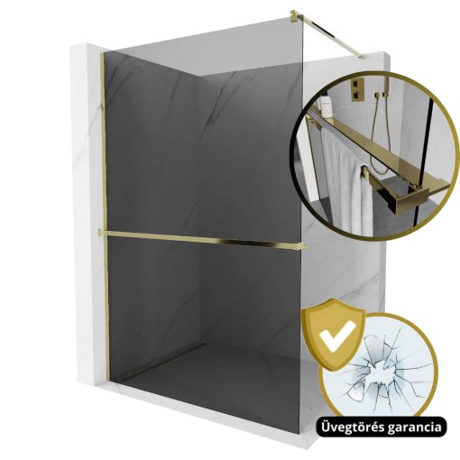 HD Arlo+ Dark Gold Walk-In zuhanyfal, 100x200 cm, 8 mm vastag vízlepergető biztonsági üveggel, 200 cm magas, arany profillal és távtartóval