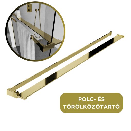 HD Arlo+ Dark Gold Walk-In zuhanyfal, 100x200 cm, 8 mm vastag vízlepergető biztonsági üveggel, 200 cm magas, arany profillal és távtartóval