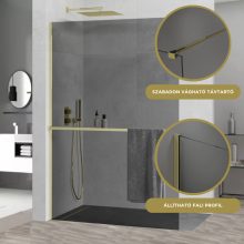 HD Arlo+ Dark Gold Walk-In zuhanyfal, 100x200 cm, 8 mm vastag vízlepergető biztonsági üveggel, 200 cm magas, arany profillal és távtartóval