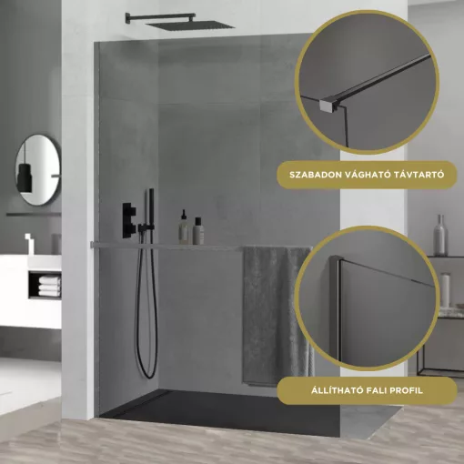 HD Arlo+ Dark Gun Grey Walk-In zuhanyfal 8 mm vastag vízlepergető biztonsági üveggel, 200 cm magas, szürke profillal és távtartóval