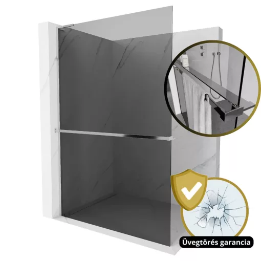 HD Arlo+ "L" Dark Walk-In zuhanyfal 8 mm vastag vízlepergető biztonsági üveggel, 200 cm magas, króm profillal és "L" stabilizátorral