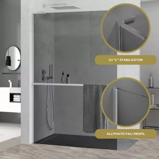 HD Arlo+ "L" Dark Walk-In zuhanyfal 8 mm vastag vízlepergető biztonsági üveggel, 200 cm magas, króm profillal és "L" stabilizátorral