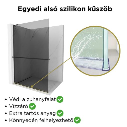 HD Arlo+ "L" Dark Black Walk-In zuhanyfal, 100x200 cm, 8 mm vastag vízlepergető biztonsági üveggel, 200 cm magas, fekete profillal és "L" stabilizátorral