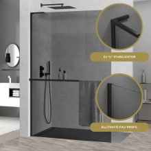 HD Arlo+ "L" Dark Black Walk-In zuhanyfal, 100x200 cm, 8 mm vastag vízlepergető biztonsági üveggel, 200 cm magas, fekete profillal és "L" stabilizátorral