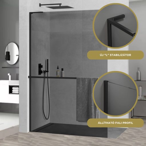 HD Arlo+ "L" Dark Black Walk-In zuhanyfal, 100x200 cm, 8 mm vastag vízlepergető biztonsági üveggel, 200 cm magas, fekete profillal és "L" stabilizátorral