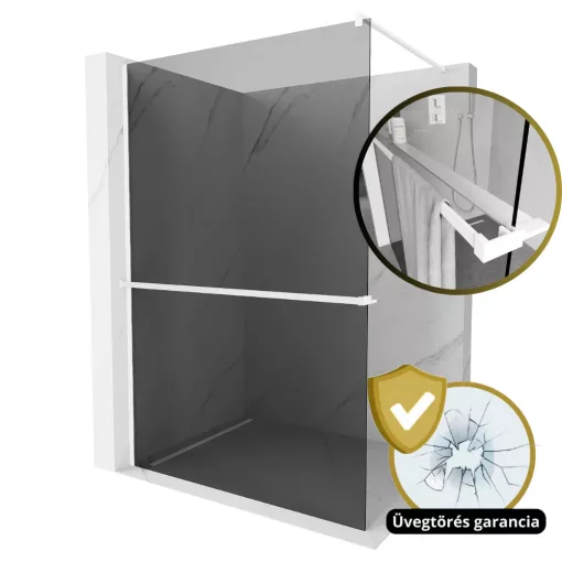 HD Arlo+ Dark White Walk-In zuhanyfal 8 mm vastag vízlepergető biztonsági üveggel, 200 cm magas, fehér profillal és távtartóval