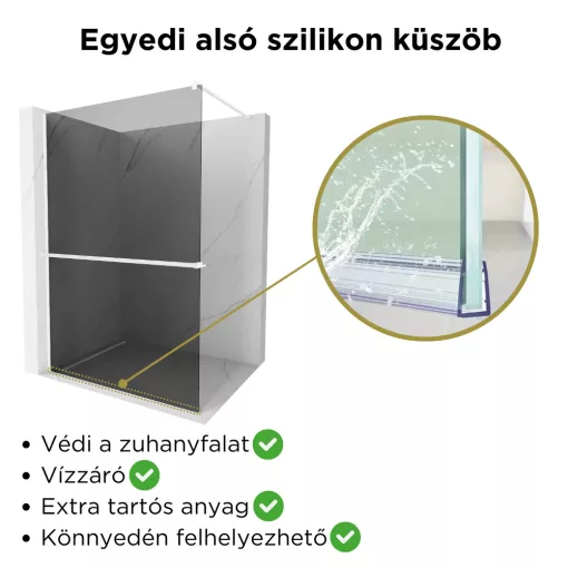 HD Arlo+ Dark White Walk-In zuhanyfal 8 mm vastag vízlepergető biztonsági üveggel, 200 cm magas, fehér profillal és távtartóval