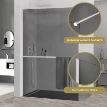 HD Arlo+ Dark White Walk-In zuhanyfal 8 mm vastag vízlepergető biztonsági üveggel, 200 cm magas, fehér profillal és távtartóval