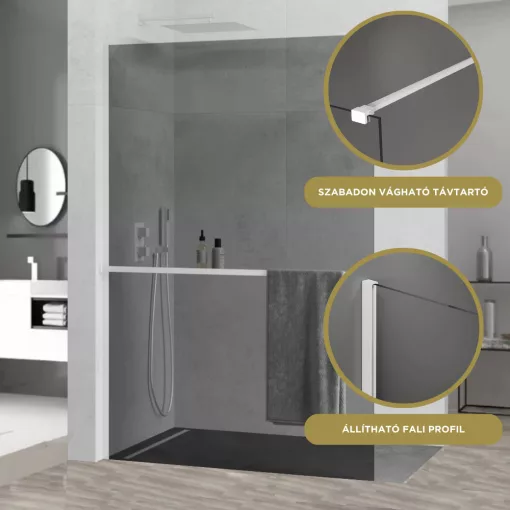 HD Arlo+ Dark White Walk-In zuhanyfal 8 mm vastag vízlepergető biztonsági üveggel, 200 cm magas, fehér profillal és távtartóval