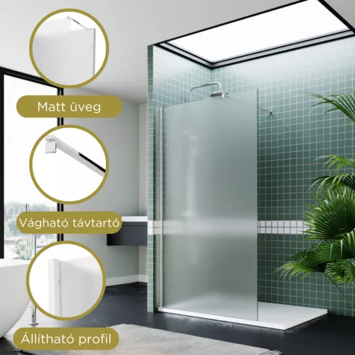 HD Arlo Matt Walk-In zuhanyfal 8 mm vastag vízlepergető biztonsági matt üveggel, 200 cm magas, króm profillal és távtartóval