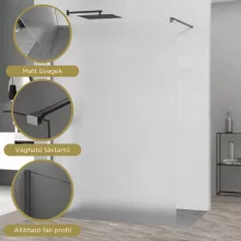 HD Arlo Matt Gun Grey Walk-In zuhanyfal 8 mm vastag vízlepergető biztonsági matt üveggel, 200 cm magas, szürke profillal és távtartóval