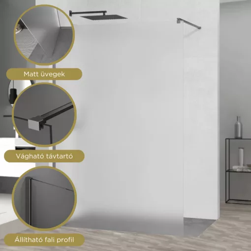 HD Arlo Matt Gun Grey Walk-In zuhanyfal 8 mm vastag vízlepergető biztonsági matt üveggel, 200 cm magas, szürke profillal és távtartóval