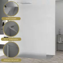 HD Arlo "L" Matt Walk-In zuhanyfal, 100x200 cm, 8 mm vastag vízlepergető biztonsági matt üveggel, 200 cm magas, króm profillal és "L" stabilizátorral