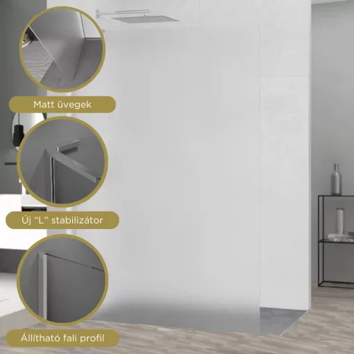 HD Arlo "L" Matt Walk-In zuhanyfal, 100x200 cm, 8 mm vastag vízlepergető biztonsági matt üveggel, 200 cm magas, króm profillal és "L" stabilizátorral