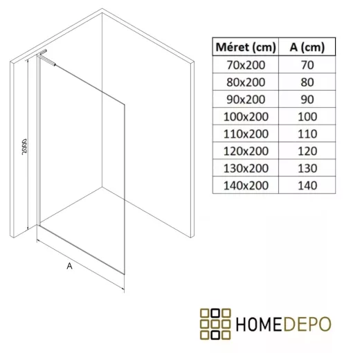 HD Arlo "L" Matt Walk-In zuhanyfal, 100x200 cm, 8 mm vastag vízlepergető biztonsági matt üveggel, 200 cm magas, króm profillal és "L" stabilizátorral