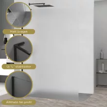HD Arlo "L" Matt Black Walk-In zuhanyfal 8 mm vastag vízlepergető biztonsági matt üveggel, 200 cm magas, fekete profillal és "L" stabilizátorral