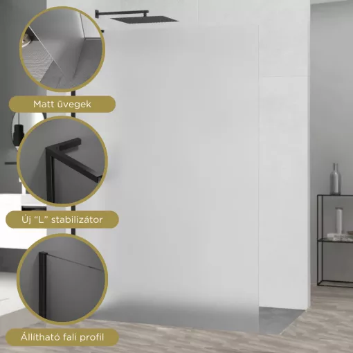 HD Arlo "L" Matt Black Walk-In zuhanyfal 8 mm vastag vízlepergető biztonsági matt üveggel, 200 cm magas, fekete profillal és "L" stabilizátorral