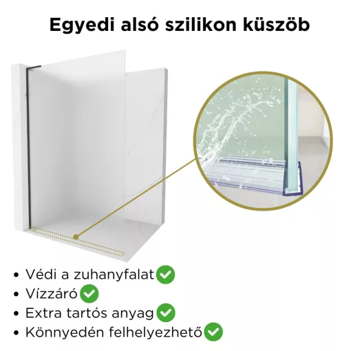 HD Arlo "L" Matt Black Walk-In zuhanyfal 8 mm vastag vízlepergető biztonsági matt üveggel, 200 cm magas, fekete profillal és "L" stabilizátorral
